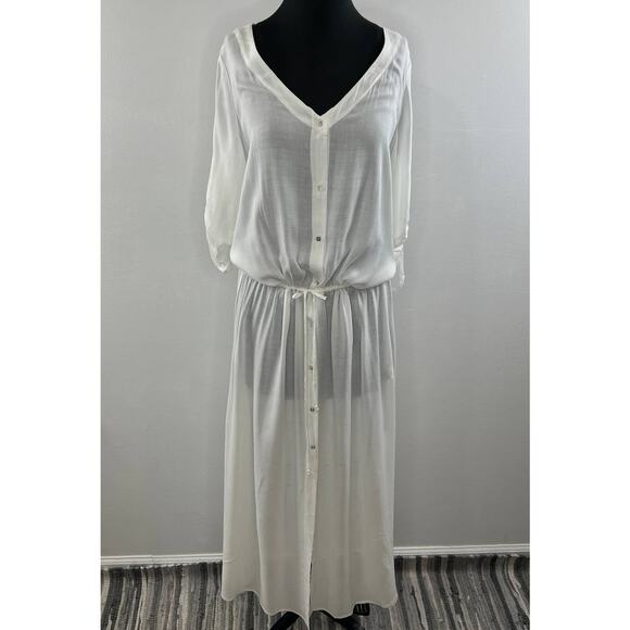 TT Beach Shell Half Sleeve V-Neck Button-Down Tie Waist Erin Maxi Dress Size XS - Picture 3 of 10